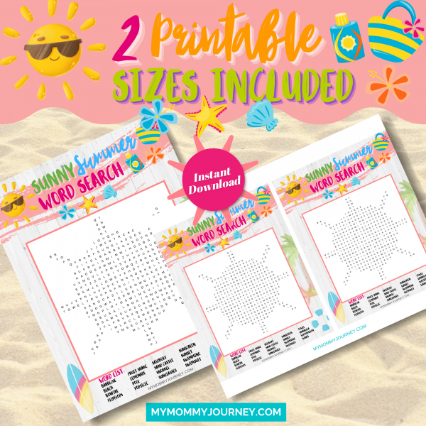 Sunny Summer Word Search 2 printable sizes included
