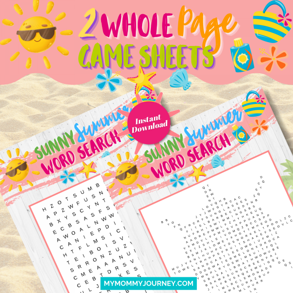 Sunny Summer Word Search 2 whole page game sheets