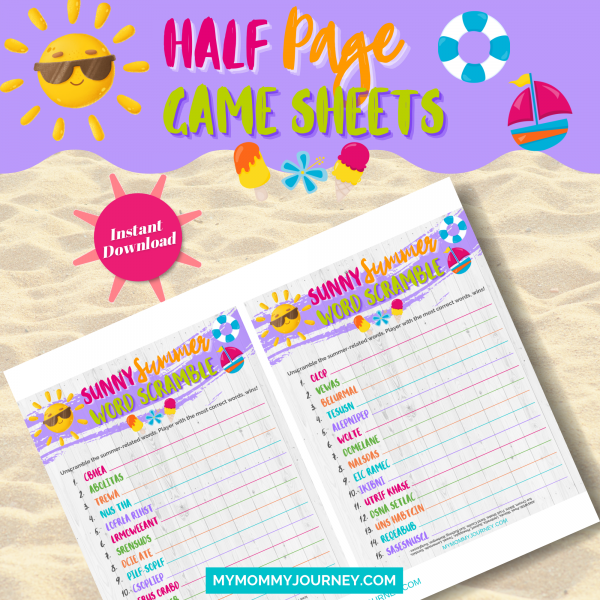 Sunny Summer Word Scramble half-page game sheets