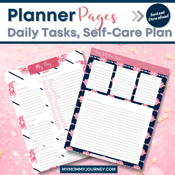 Planner pages include daily tasks, self-care plan