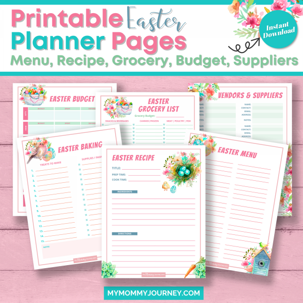 Printable Easter Planner Pages Menu, Recipes, Grocery List, Budget, Suppliers