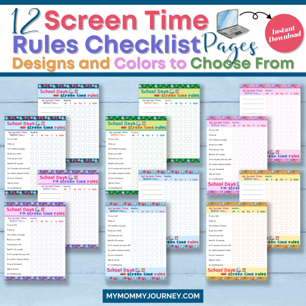 12 Screen Time Rules Checklist Pages, Designs and Color to choose from