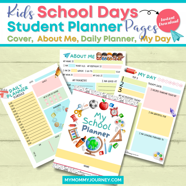 Kids School Days Student Planner pages includes cover, about me, daily planner, my day