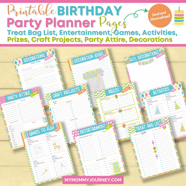 Printable Birthday Party Planner Pages Treat Bag List, Entertainment, Games, Activities, Prizes, Craft Projects, Party Attire, Decorations