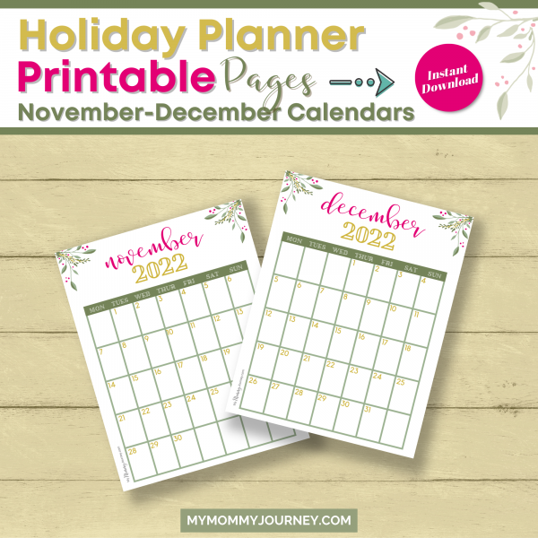 Holiday Planner Printable Pages: November and December Calendars