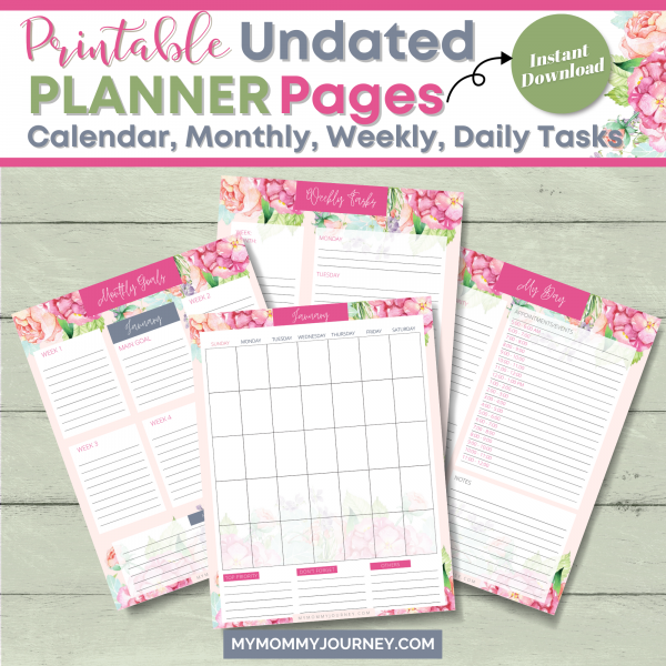 Printable Undated Planner Pages includes undated calendars, monthly, weekly, daily tasks