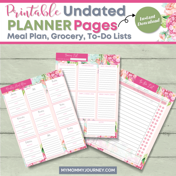 Printable Undated Planner Pages includes meal plan, grocery list, to-do lists